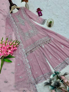 Pastel Pink Georgette Embroidery Pearl Moti Work Sharara Set - BONYHUBSALWAR KAMEEZ