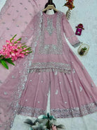 Pastel Pink Georgette Embroidery Pearl Moti Work Sharara Set - BONYHUBSALWAR KAMEEZ