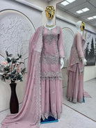 Pastel Pink Georgette Embroidery Pearl Moti Work Sharara Set - BONYHUBSALWAR KAMEEZ
