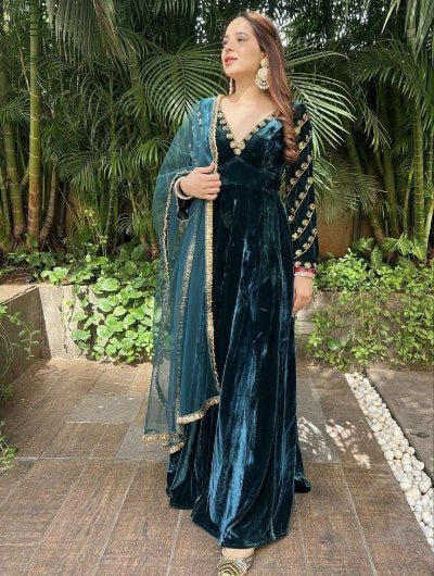 Emerald Blue Velvet Embroidery Gown With Dupatta Set Of 2 - BONYHUBSALWAR KAMEEZ