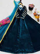 Emerald Blue Velvet Embroidery Gown With Dupatta Set Of 2 - BONYHUBSALWAR KAMEEZ