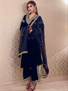 Navy Blue Velvet Embroidery Straight Suit with Organza Dupatta - BONYHUBSALWAR KAMEEZ