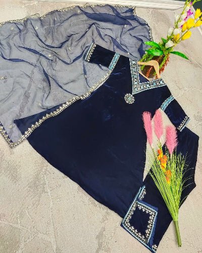Navy Blue Velvet Embroidery Straight Suit with Organza Dupatta - BONYHUBSALWAR KAMEEZ