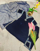 Navy Blue Velvet Embroidery Straight Suit with Organza Dupatta - BONYHUBSALWAR KAMEEZ