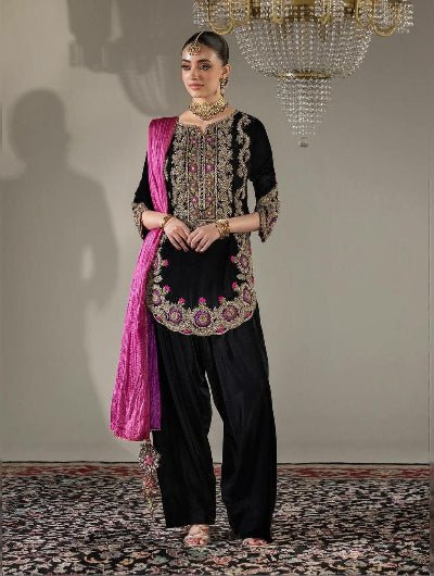 Black Velvet Embroidery Farshi Suit With Free Potli - BONYHUBSALWAR KAMEEZ