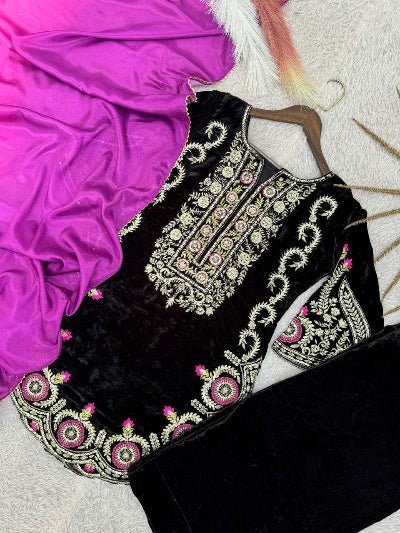 Black Velvet Embroidery Farshi Suit With Free Potli - BONYHUBSALWAR KAMEEZ