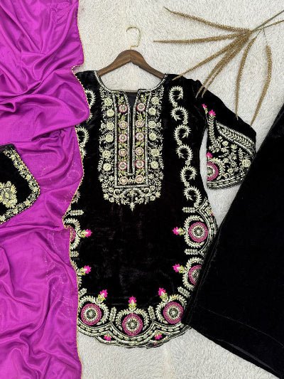 Black Velvet Embroidery Farshi Suit With Free Potli - BONYHUBSALWAR KAMEEZ