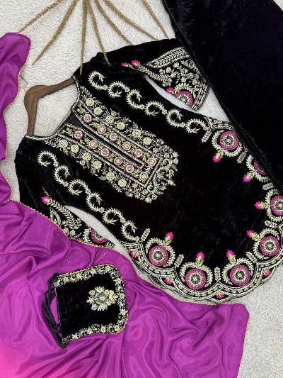 Black Velvet Embroidery Farshi Suit With Free Potli - BONYHUBSALWAR KAMEEZ