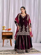 Deep Maroon Velvet Embroidery Work Full Sleeves Sharara Set - BONYHUBSALWAR KAMEEZ