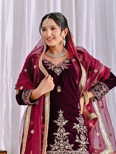 Deep Maroon Velvet Embroidery Work Full Sleeves Sharara Set - BONYHUBSALWAR KAMEEZ