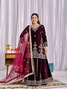 Deep Maroon Velvet Embroidery Work Full Sleeves Sharara Set - BONYHUBSALWAR KAMEEZ