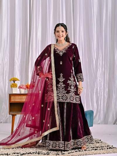 Deep Maroon Velvet Embroidery Work Full Sleeves Sharara Set - BONYHUBSALWAR KAMEEZ
