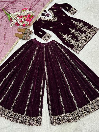 Deep Maroon Velvet Embroidery Work Full Sleeves Sharara Set - BONYHUBSALWAR KAMEEZ