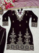 Deep Maroon Velvet Embroidery Work Full Sleeves Sharara Set - BONYHUBSALWAR KAMEEZ