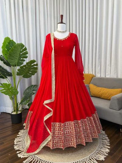 Red Majesty Georgette Sequence Work Anarkali Suit - BONYHUBSALWAR KAMEEZ