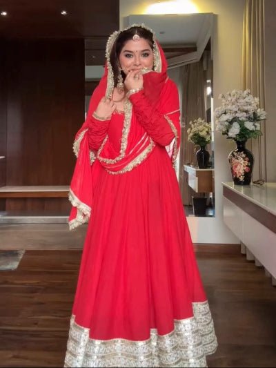 Red Majesty Georgette Sequence Work Anarkali Suit - BONYHUBSALWAR KAMEEZ