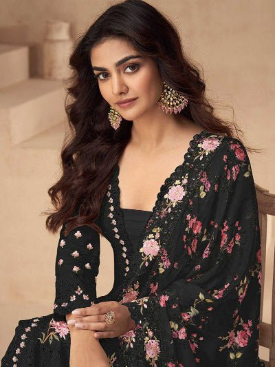 Aarna Black Chinon Silk Embroidery Mirror Work Palazzo Suit Set - BONYHUBSALWAR KAMEEZ