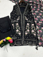 Aarna Black Chinon Silk Embroidery Mirror Work Palazzo Suit Set - BONYHUBSALWAR KAMEEZ