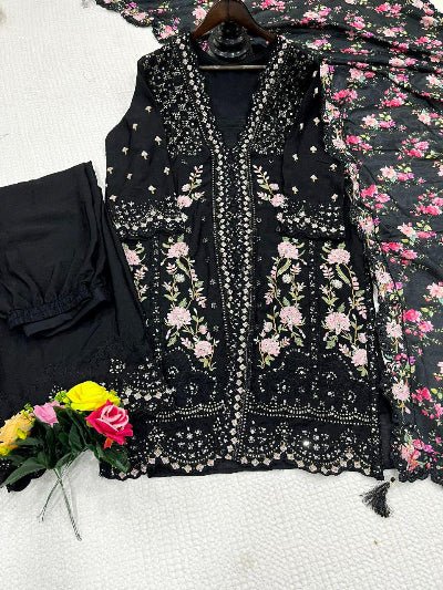 Aarna Black Chinon Silk Embroidery Mirror Work Palazzo Suit Set - BONYHUBSALWAR KAMEEZ