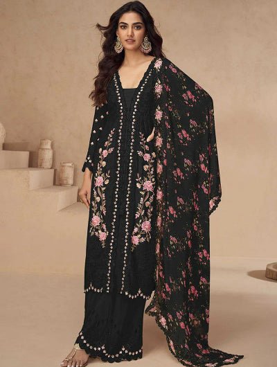 Aarna Black Chinon Silk Embroidery Mirror Work Palazzo Suit Set - BONYHUBSALWAR KAMEEZ
