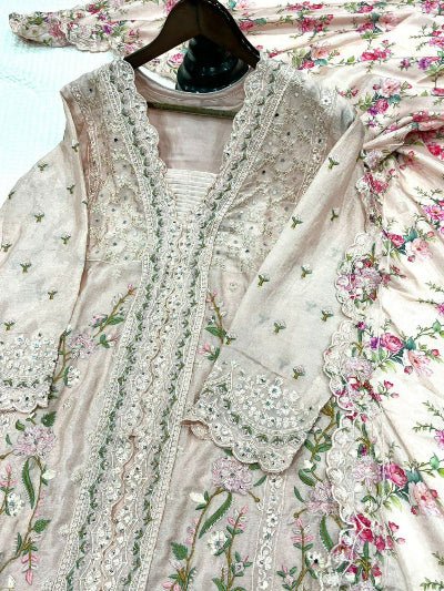 Aarna Beige Chinon Silk Embroidery Mirror Work Palazzo Suit Set - BONYHUBSALWAR KAMEEZ