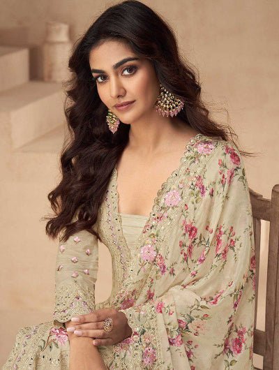 Aarna Beige Chinon Silk Embroidery Mirror Work Palazzo Suit Set - BONYHUBSALWAR KAMEEZ