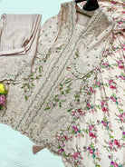 Aarna Beige Chinon Silk Embroidery Mirror Work Palazzo Suit Set - BONYHUBSALWAR KAMEEZ