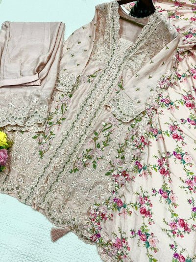 Aarna Beige Chinon Silk Embroidery Mirror Work Palazzo Suit Set - BONYHUBSALWAR KAMEEZ