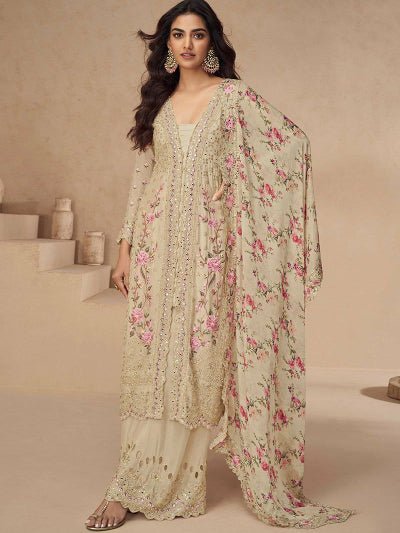 Aarna Beige Chinon Silk Embroidery Mirror Work Palazzo Suit Set - BONYHUBSALWAR KAMEEZ
