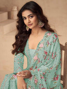 Aarna Sea Green Chinon Silk Embroidery Mirror Work Palazzo Suit - BONYHUBSALWAR KAMEEZ