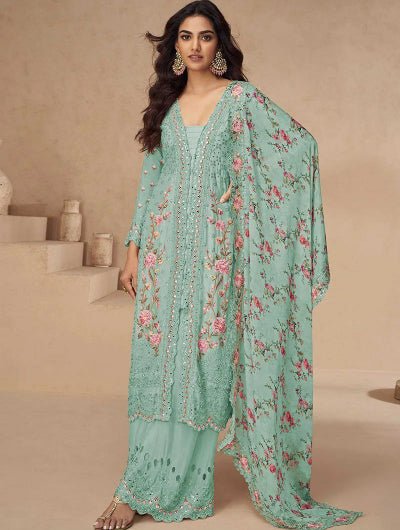 Aarna Sea Green Chinon Silk Embroidery Mirror Work Palazzo Suit - BONYHUBSALWAR KAMEEZ