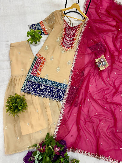 Gold &amp; Pink Silk Embroidery Festive Sharara Suit Set