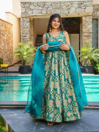 Blue Organza Silk Anarkali Dupatta Set Of 2 UK Next Day