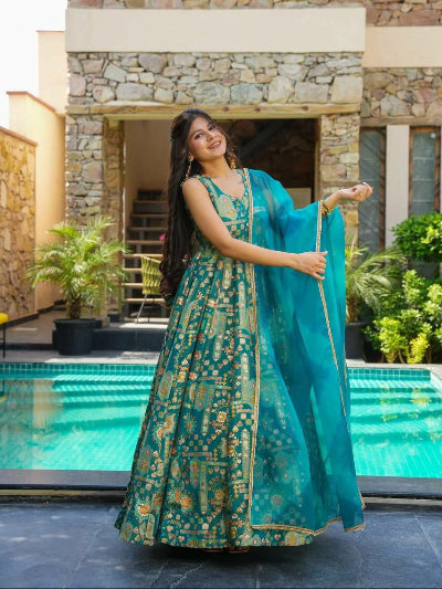 Blue Organza Silk Anarkali Dupatta Set Of 2 UK Next Day