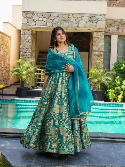 Blue Organza Silk Anarkali Dupatta Set Of 2 UK Next Day