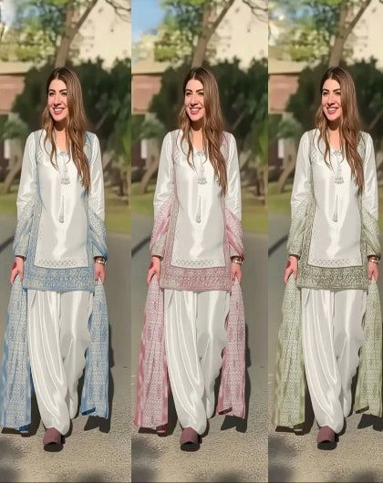 White Natural Silk Embroidery 3 Piece Suit - 3 Colors