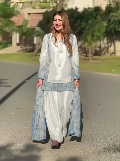 White Natural Silk Embroidery 3 Piece Suit - 3 Colors