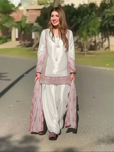 White Natural Silk Embroidery 3 Piece Suit - 3 Colors