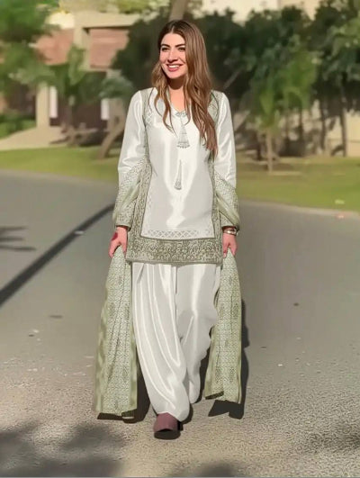White Natural Silk Embroidery 3 Piece Suit - 3 Colors