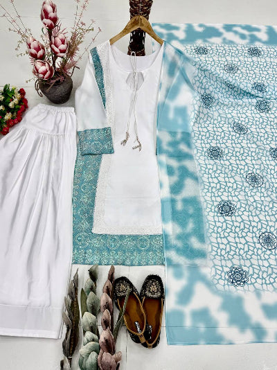 White Natural Silk Embroidery 3 Piece Suit - 3 Colors
