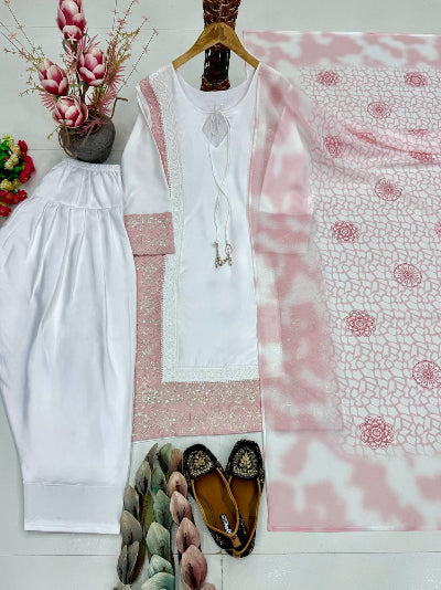 White Natural Silk Embroidery 3 Piece Suit - 3 Colors