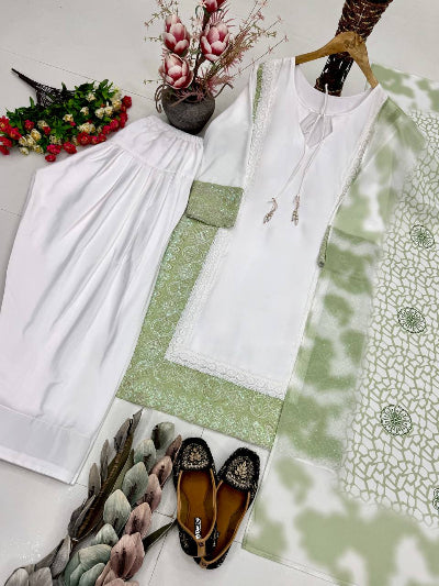 White Natural Silk Embroidery 3 Piece Suit - 3 Colors