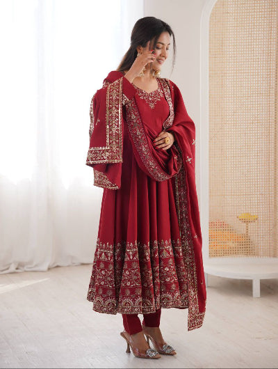 Designer Red Embroidery Work Anarkali Suit