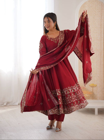 Designer Red Embroidery Work Anarkali Suit