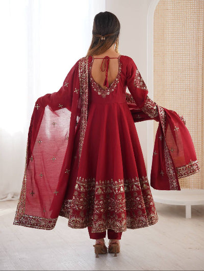 Designer Red Embroidery Work Anarkali Suit