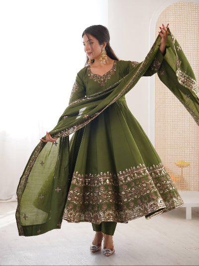 Designer Olive Green Embroidery Work Anarkali Suit