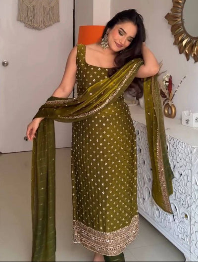 Mehendi Green Gold Butti Embroidery Straight Suit