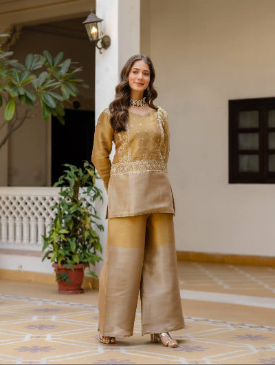 Royal Gold Banarasi Embroidery Kurti Palazzo Set Of 2