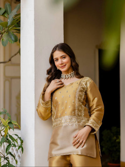 Royal Gold Banarasi Embroidery Kurti Palazzo Set Of 2