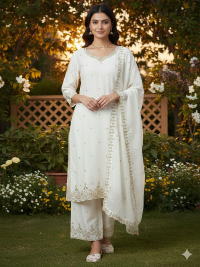 White Chinon Silk Sequins Straight Suit